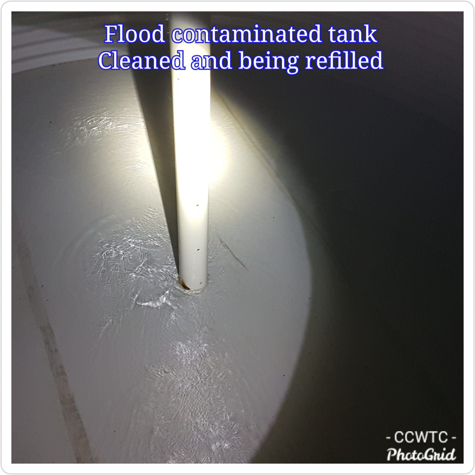 Flood Tank after clean Cleaned tank with fresh water on the tank floor